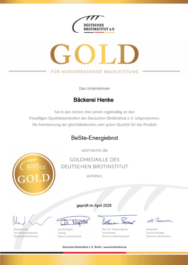 Gold Urkunde 2026 - BeSt-Energiebrot